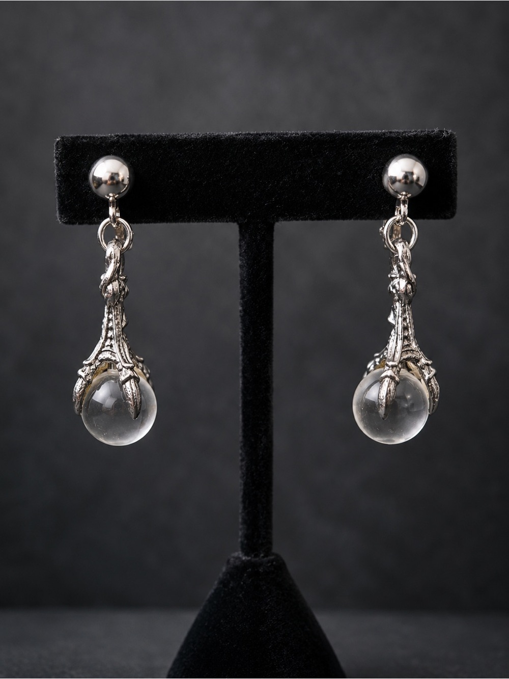 Silver-tone Claw Drop Earrings with Clear Glass Orbs